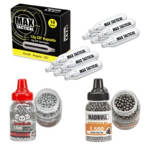 Zubehörset 4,5 mm BB für CO2 Luftdruckwaffen mit 3000 Stahlrundkugeln und 10 CO2 Kapseln Speedballs Madbull